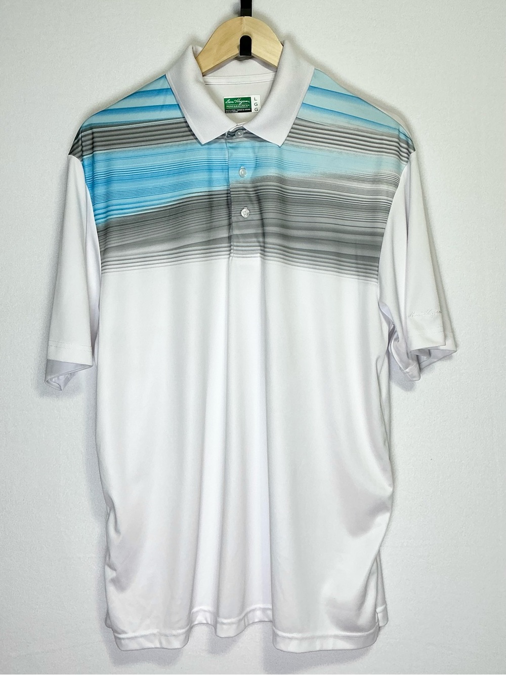 Ben Hogan Men’s Large Golf Polo Performance White Blue Gray Striped Shirt